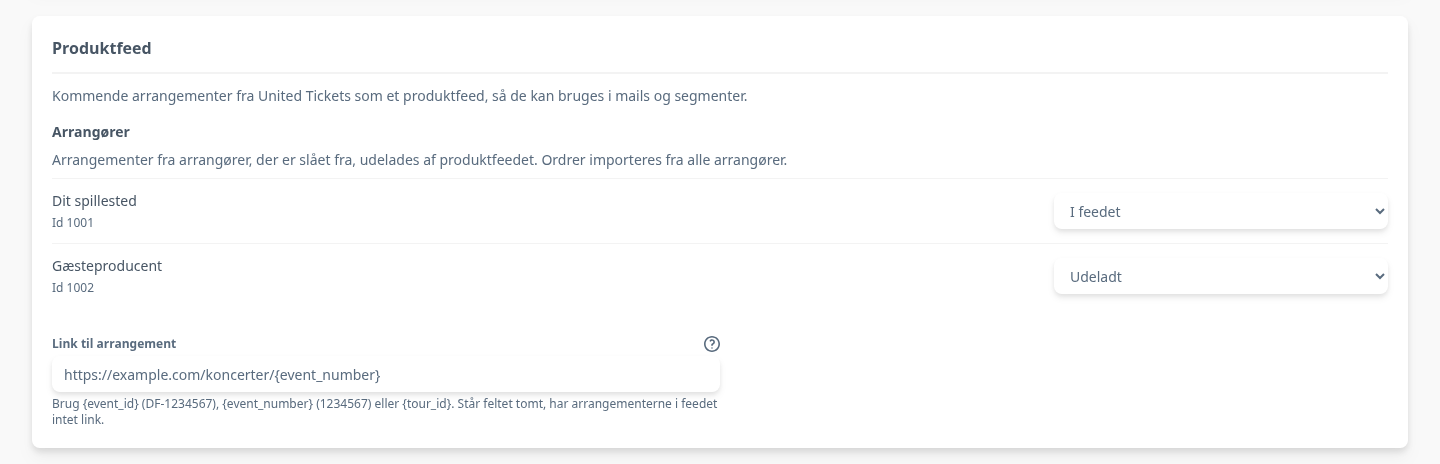 Afsnittet Produktfeed med arrangørerne og feltet Link til arrangement