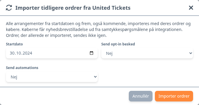 Vinduet Importer tidligere ordrer fra United Tickets med feltet Startdato